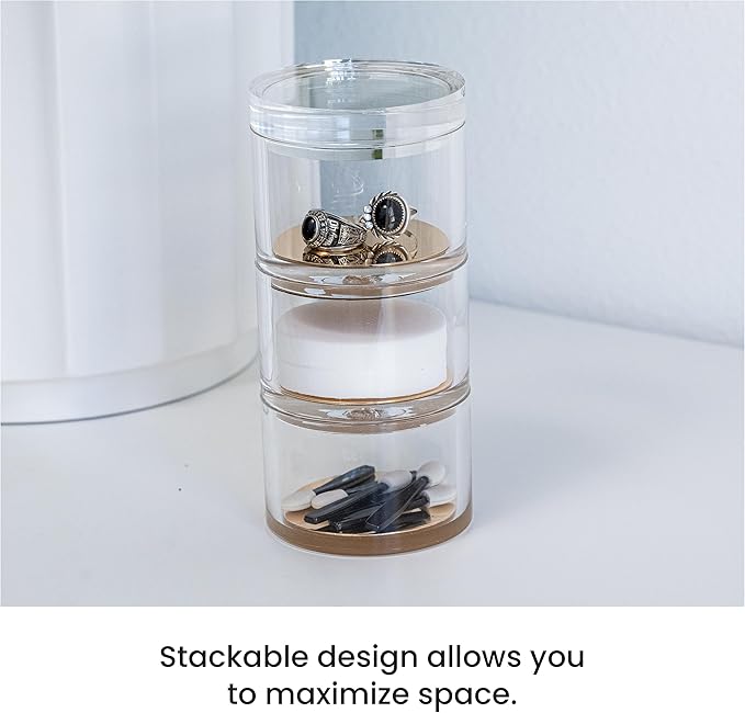 OfficeGoods 3-Tier Stackable Acrylic Holder- Stylish Desk Organizer and Storage for Office or Home – Transparent Round Design with Rose Gold Metal Base