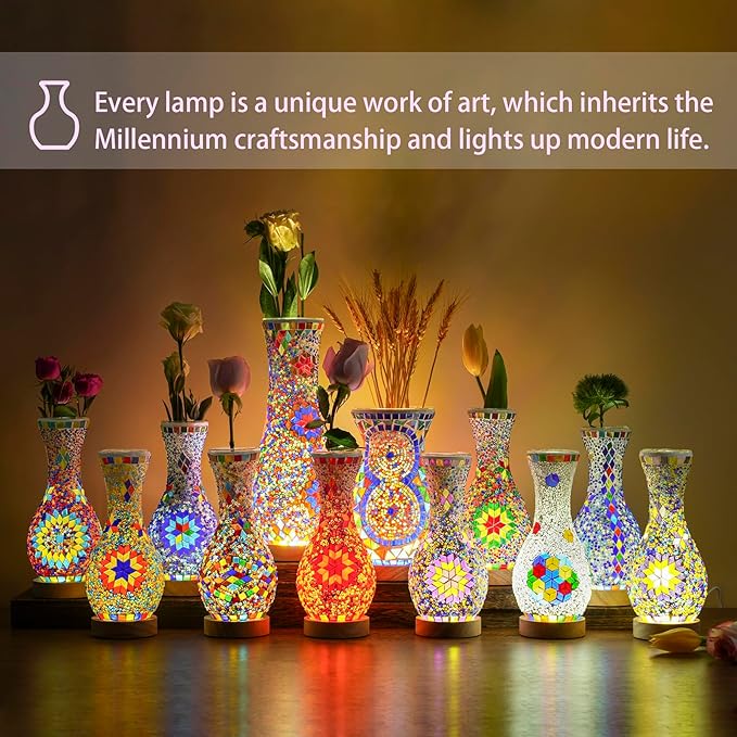 Turkish Mosaic Table Lamp for Living Room or Bedroom Decoration with Glass Vase and USB Power