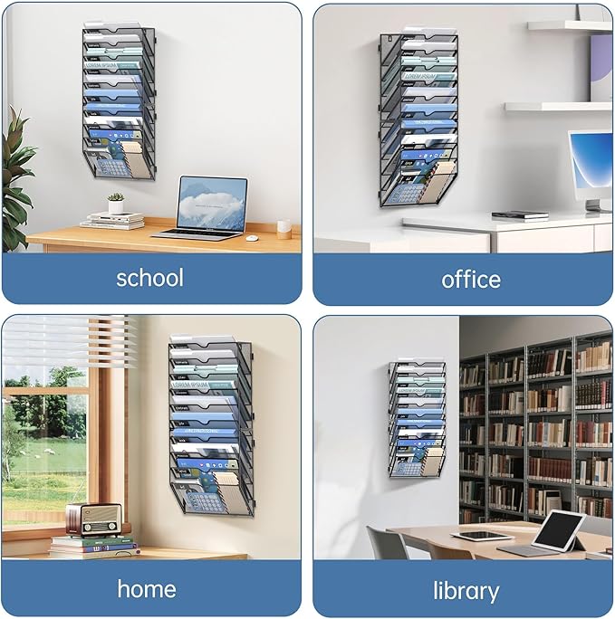 10 Tier Wall Hanging File Organizer, Paper Folder Holder Wall Mounted, Metal Mail Sorter for Office Home School, Black 2 Pack