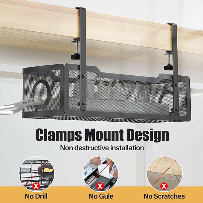 Under Desk Cable Management Tray Black, Cinati Wire Organizers No Drill, Cable Tray with Clamp for Wire Management, Cord Organization Box for Office, Home - No Damage to Desk