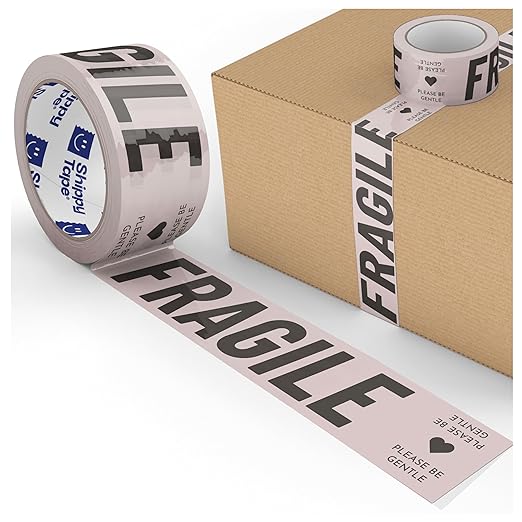 Fragile Packing Tape, Please Be Gentle, Cream Black Cute Designer Packaging and Shipping Tape for Small Business - Printed Tape for Moving, 1.88" x 110 Yards (330 feet)
