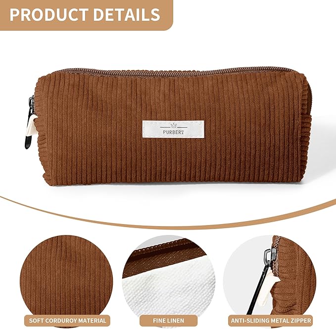Pencil Bag Pen Case, Soft Corduroy Small Pencil Pouch Organizer with Zipper, Cute Pencil Case Pouch Stationery for Girls and Boys – Brown