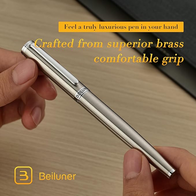 BEILUNER Luxury Fountain Pen Set, Solid 24K Gilded Medium Nib, Silver Stainless Steel Body- Includes 6 Ink Cartridges & Ink Refill Converter with Gift Case - Nice pen for Men and Women