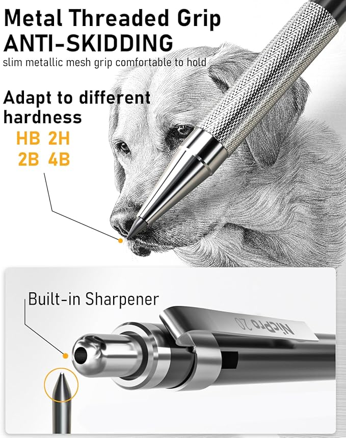 Nicpro 6 PCS Art Mechanical Pencil Set, Black Metal Drafting Pencil 0.3, 0.5, 0.7, 0.9 mm & 2PCS 2mm Graphite Lead Holder(4B 2B HB 2H) For Writing Sketching Drawing With 8 Lead Refills Eraser Case