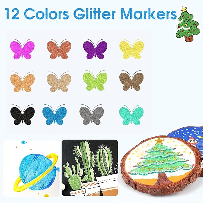 Glitter Marker Pens, 12 Colors Metallic Shimmer Glitter Markers Paint Pens, Glitter Art Marker for Kids Adults DIY Crafts Greeting Birthday Cards Making Poster Album Scrapbooking Wood