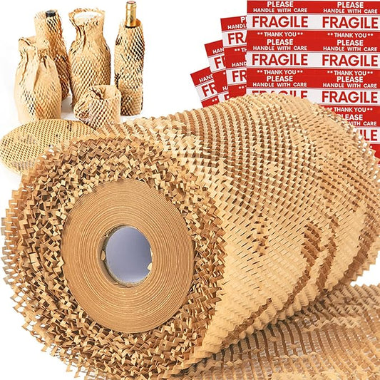 Honeycomb Packing Paper Wrap 15''x12000" (1000 ft), Substitute Alternative for Bubble Cushioning Wrap for Moving Shipping Packaging, Recyclable Moving Supplies with 48 Fragile Sticker Labels