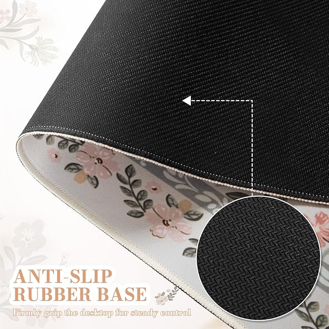 iCasso Desk Matt for Desktop, Cute Desk Pad Mat, XXL Large Mouse Pad, Anti-Slip Big Mousepad with Stitched Edges, Keyboard Pad for Computer(Gray Floral)