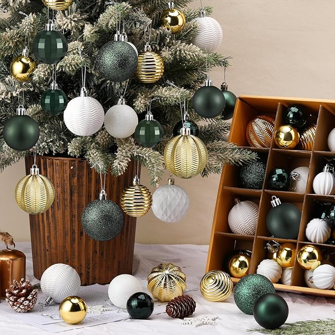 64 Pcs Christmas Ball Ornaments Bulk Emerald Green Gold White Christmas Tree Decorations 1.6/1.97/2.4 Inch Shatterproof Glitter Xmas Baubles Assorted Xmas Bulbs Ornaments for Tree Home Decor