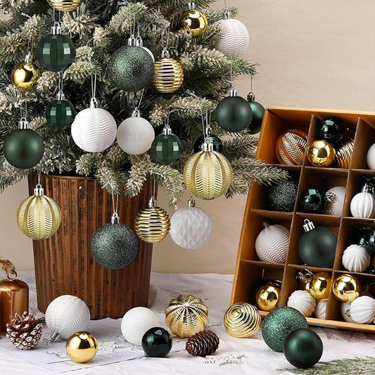 64 Pcs Christmas Ball Ornaments Bulk Emerald Green Gold White Christmas Tree Decorations 1.6/1.97/2.4 Inch Shatterproof Glitter Xmas Baubles Assorted Xmas Bulbs Ornaments for Tree Home Decor