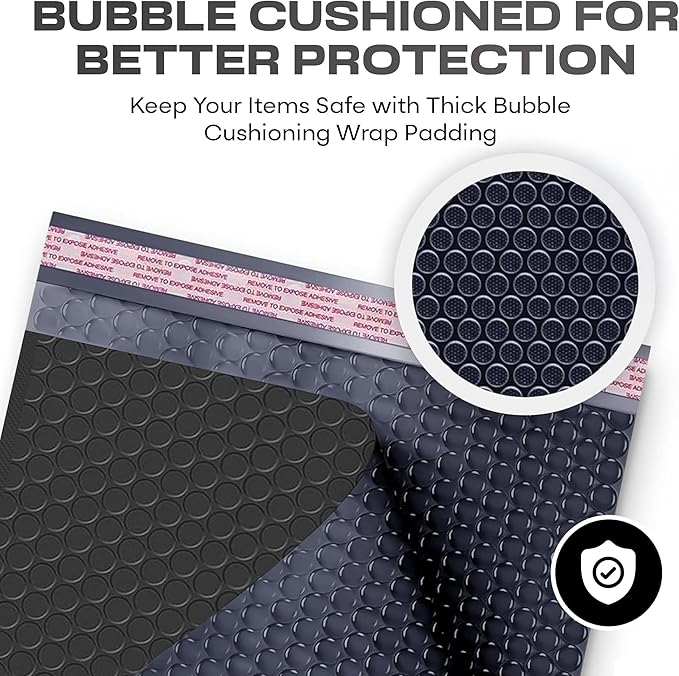Black Poly Bubble Mailers 8.5x12 inch #2 | Self Seal Padded Envelopes | Cushioned Bubble Mailer | Usable Size 8.5x11 | WaterProof | Lightweight mailing Shipping Bags | 200 Pack Bulk