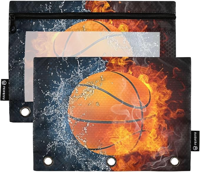 Basketball Ball Pencil Pouch for 3 Ring Binder, 2 Pack Waterproof Pencil Bags Clear Window Pencil Case Zipper School School Office Supplies