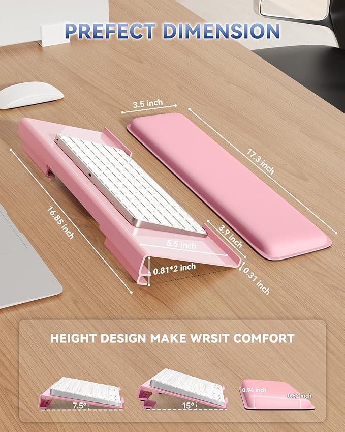 Computer Keyboard Stand for Desktop, 2-Level Height Adjustment Keyboard Wrist Rest, Non-Slip Key Board Riser Pad for Office, Gaming, and Home Desks(Pink)