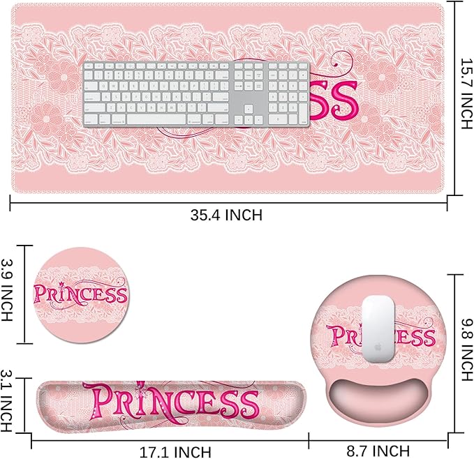 DINKY Pink Mouse Pad with Wrist Rest, Desk Pad for Keyboard and Mouse, Ergonomic Mousepad Set, Keyboard Wrist Rest with Coaster, Desk Mat Combo for Office Home, Pink Princess