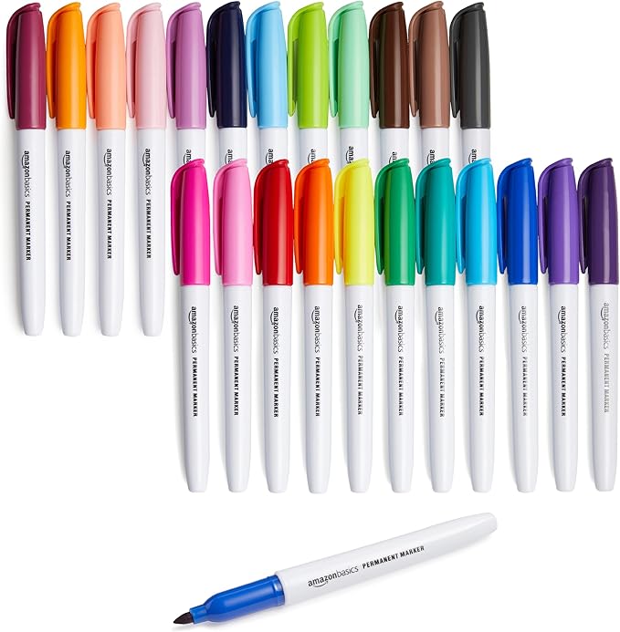 Amazon Basics Fine Tip Point Permanent Markers for Office, School, and Home Use, Assorted Colors, 24 Pack
