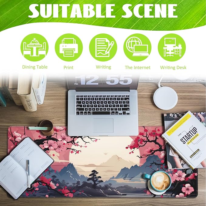 Pink Cherry Blossom Tree Desk Pad, Mountains and Sun Large Gaming Mouse Mat, Extended Big Computer Keyboard Pad With Non-Slip Base and Stitched Edge, 31.5"x11.8"