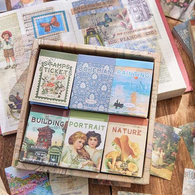 12 Sets 600 Sheets Washi Stickers for Journaling, Map Nature Celestial Portrait Boho Stickers Vintage Aesthetic Scrapbook Sticker Set for Bullet Journal Art Diary Card Craft Gifts Planner Notebook