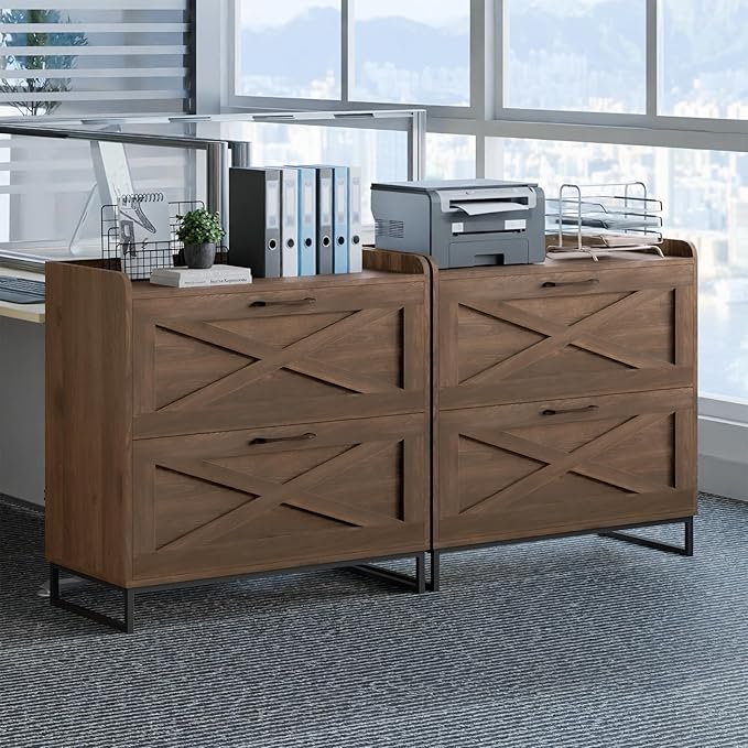 Lateral File Cabinet 2 Drawer File Cabinet with Charging Station, Modern Farmhouse Large Wood File Storage Cabinet for Home Office Furniture(Dark Walnut)