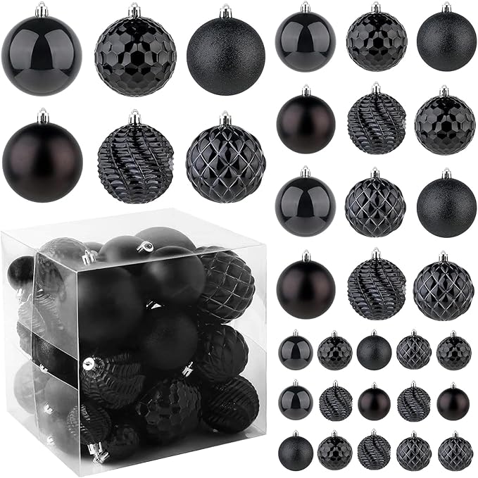 Christmas Balls Ornaments -36pcs Shatterproof Christmas Tree Decorations with Hanging Loop for Xmas Tree Wedding Holiday Party Home Decor,6 Styles in 3 Sizes(Black)