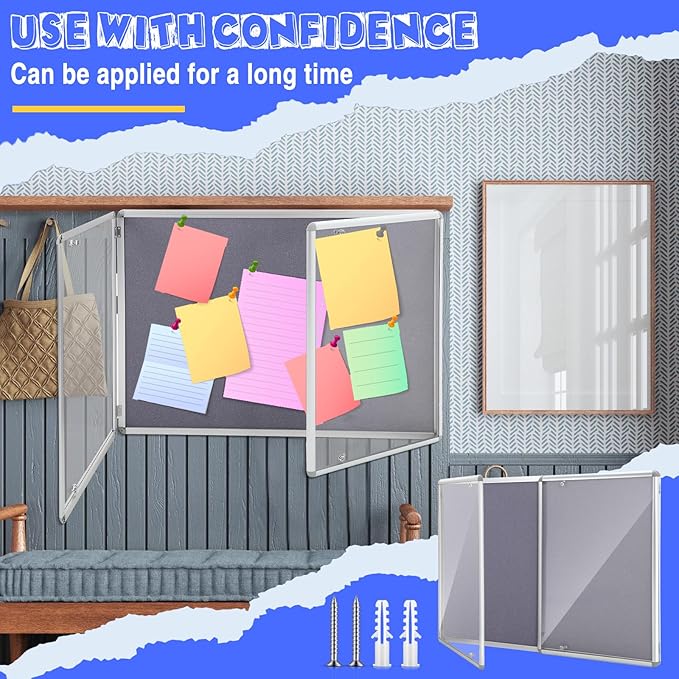 Enclosed Bulletin Board 48" x 36" Weather Resistant Lockable Notice Cork Display Board Wall Mounted 2 Locking Door for School Classroom Commercial Back to School, 12 x A4(Gray, Silver Frame)