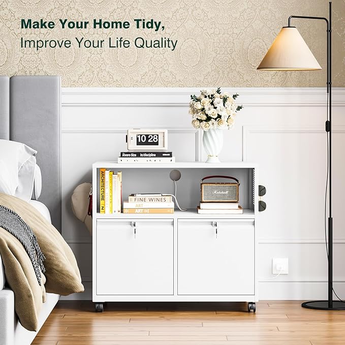 Metal File Cabinet,2 Drawer Lateral Filing Cabinet with Lock,Rolling Printer Stand Storage Cabinets with Shelves for Home Office Letter/Legal/A4 Size Files(White)