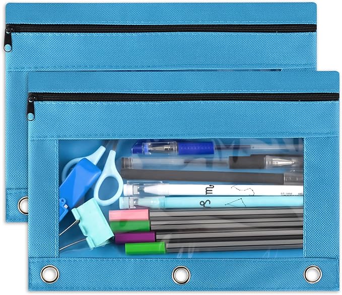 Gloween Pencil Pouch for 3 Ring Binder, 2 Pack Pencil Pouches/Cases with Zipper, Durable Binder Pencil Pouch/Bag for Office School Supplies (Sky Blue)