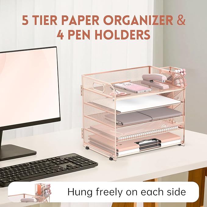 SUPEASY 5 Tier Desk Organizer with Handle & Removable Pen Holders, Mesh Paper/File Organizer for Office Supplies, Rose Gold