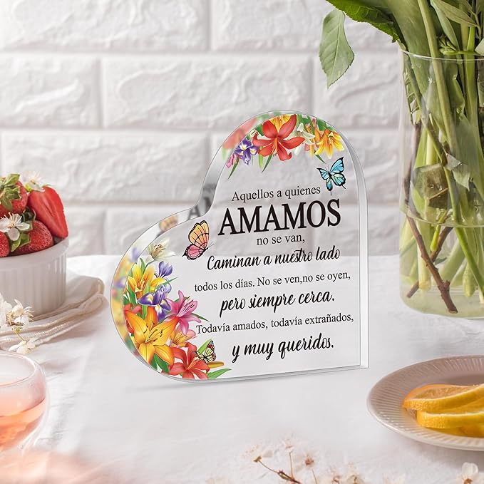 Yopyame Spanish Sympathy Bereavement Gifts - Acrylic Heart Memorial Gift for Loss of Loved One Bereavement Condolences Grief Acrylic Keepsake Paperweight for Family Friend Remembrance Table Decor