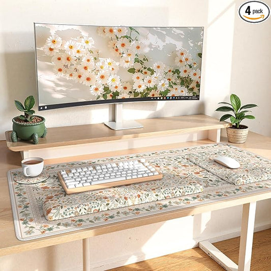 iLeadon Ergonomic Mouse Pad with Wrist Rest, Non Slip Mouse and Keyboard Pad, Cute Desk Pad Mat Sets, Extra Large Desk Cover Mat with Coaster for Women Home Office (Beige)