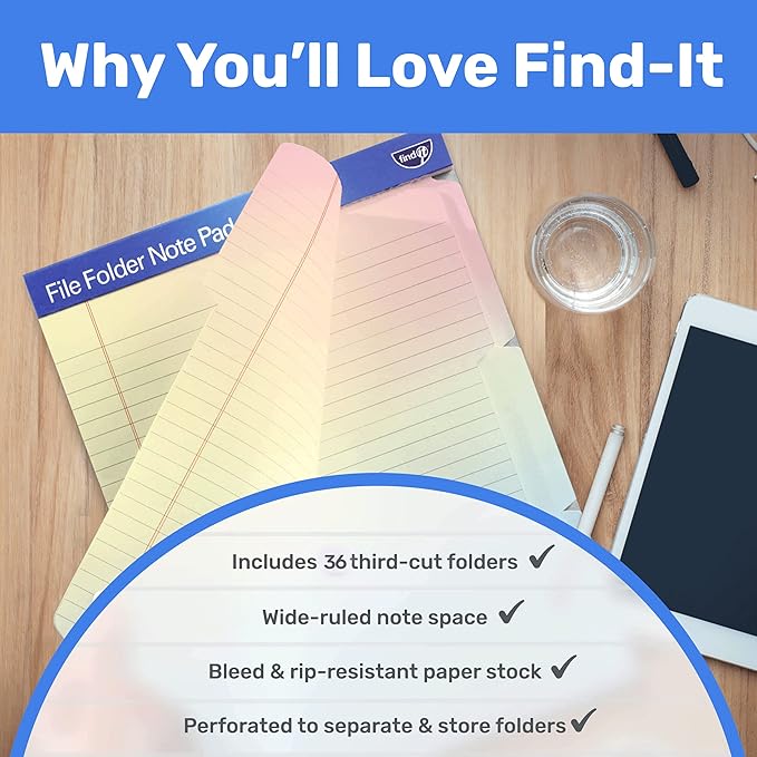Find It File Folder Notepad - Pack of 36-9.5 x 12.5 Inch Notebook Organizer Folders for Filing, Document, and Clipboard Organization - Rainbow