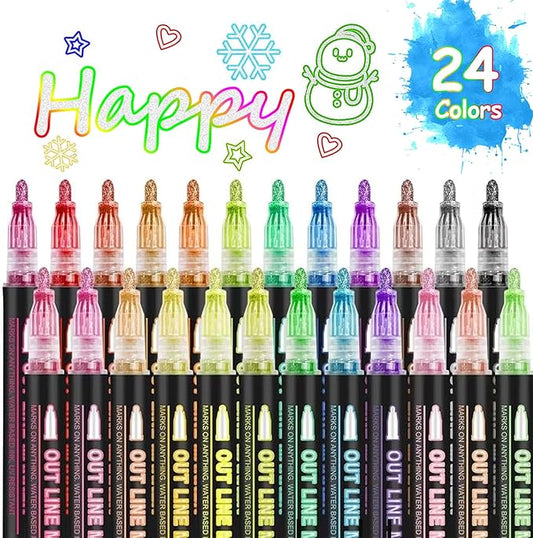 Double Line Outline Markers 24 Colors Super Squiggles Glitter Markers Self Outline Metallic Markers, Doodle Shimmer Markers Drawing Pens for Christmas Greeting Card, Birthday Gift, DIY Art Crafts