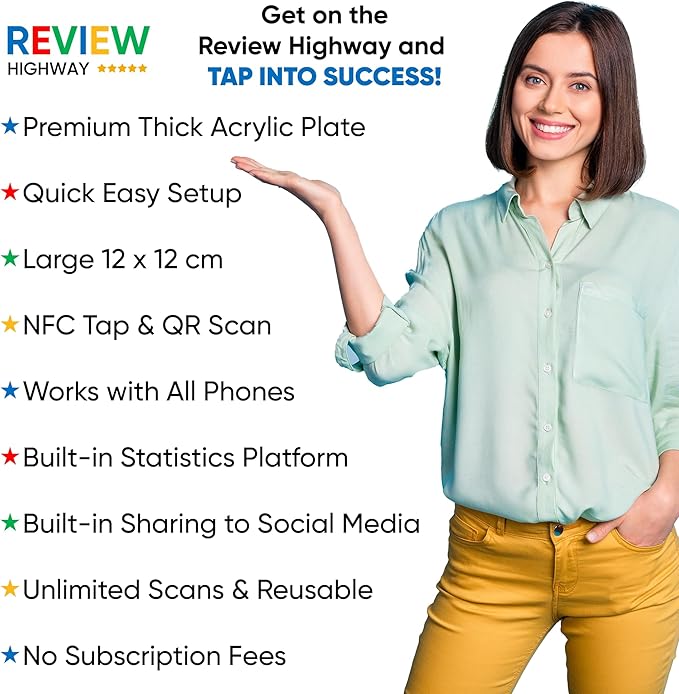 NFC Tap Plate (1-Pack) by Review Highway - Compatible with Google Reviews - NFC Tap & QR Scan for Instant Reviews - Boost SEO - iPhone/Android Compatible - Reusable and Zappy Fast (1 Plate)