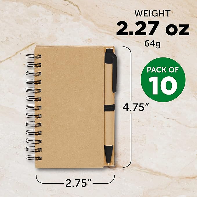 Mini Spiral Notebooks with Black Ink Pens Set of 10, Bulk Pack - Perfect for School, Office, Business, Home - Black