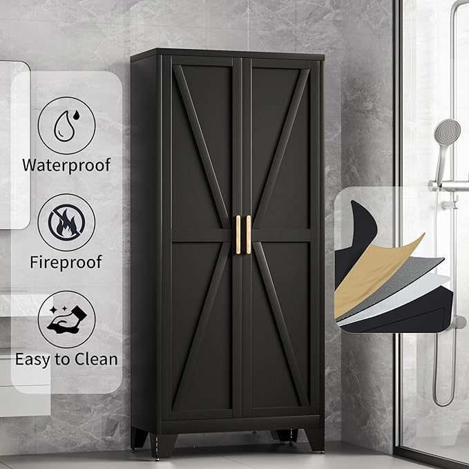71H Tall Metal Storage Cabinet with 2 Doors and 5 Shelves,Farmhouse Storage Cabinet with Barn Doors,Pantry Storage for Home,Office,Bathroom,Dining Room,Kitchen(Black)