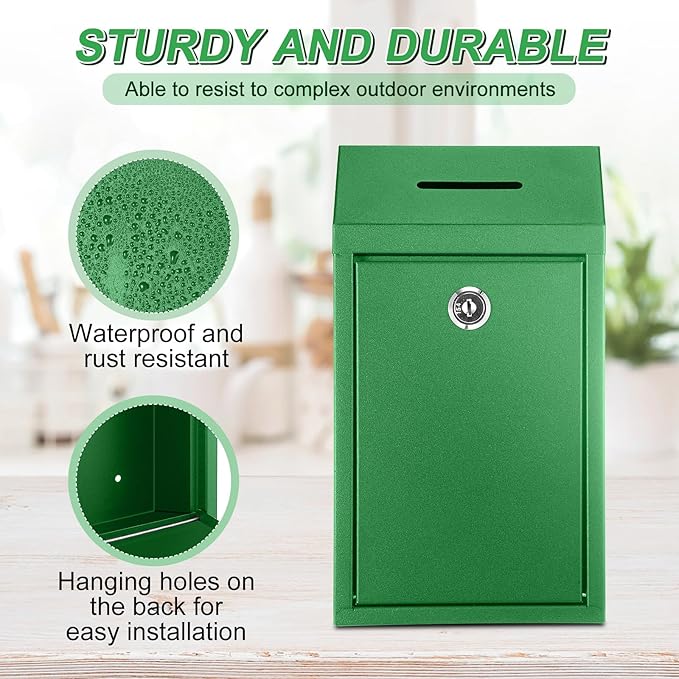 Metal Donation Cash Box Collection Safe Suggestion Box with Lock Wall Mounted Mailbox Delivery Ballot Container for Home Office Outdoor Door(Bright Green)