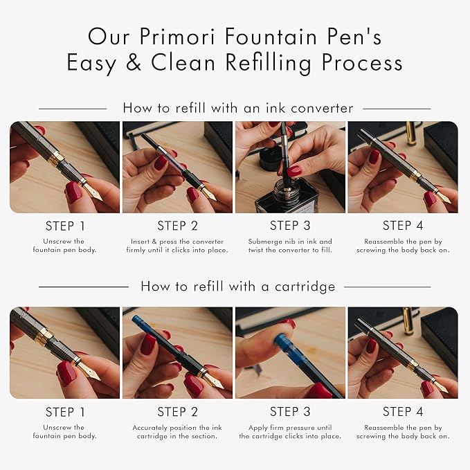 Wordsworth & Black Primori Fountain Pen Set [Gunmetal Gold]; Fine Nib, Gift Case, 24 Ink Cartridges, Refill Converter, Manual; Journaling, Calligraphy, Smooth Writing Pens; Left and Right Handed