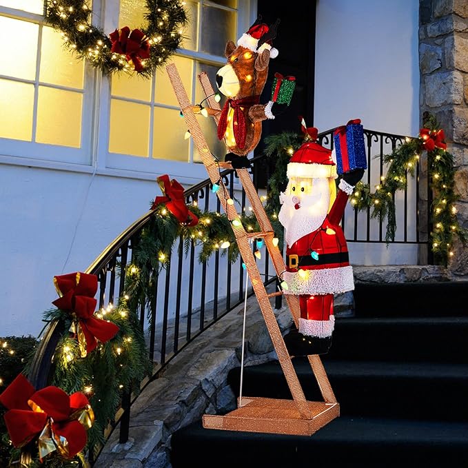 Tangkula 5.5 FT Lighted Reindeer & Santa Claus on Ladder, 3D Pre-Lit Indoor Outdoor Christmas Decoration with 100 LED Lights, Zip Ties and Ground Stakes, Xmas Holiday Decoration for Home Yard Porch