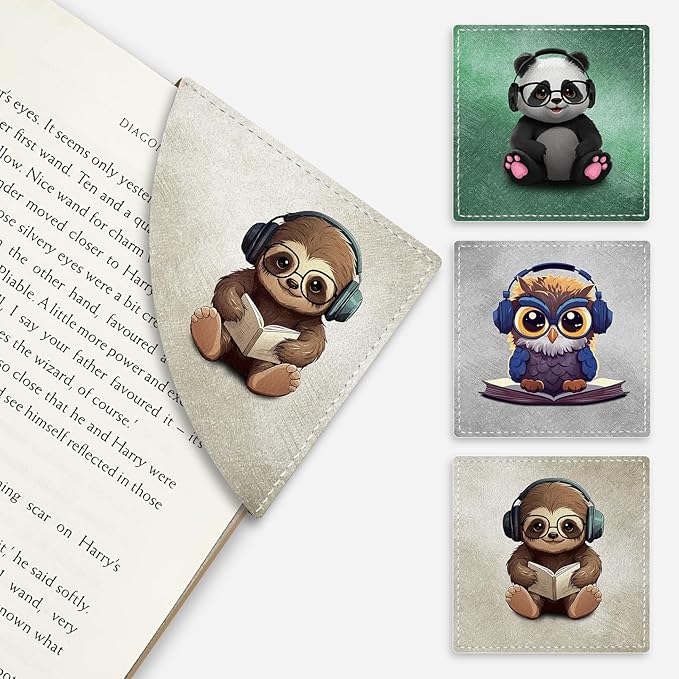 Cute Sloth Owls Panda Corner Bookmarks, Funny Leather Book Accessories for Book Lovers, 3 Pcs Reading Book Page Markers for Women Men Student Teacher Girls Boys Kids Retirement Birthday Gifts