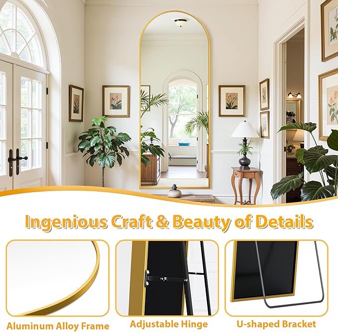 Full Length Mirror, 71"x26" Oversized Floor Mirror Freestanding, Full Body Mirror Floor Standing Mirrors with Stand, Hanging Mounted Mirrors for Bedroom Living Room, Gold, Arched Style