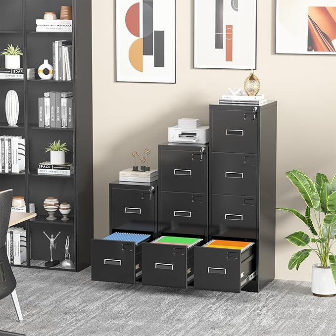 INTERGREAT 2 Drawer Filing Cabinet, Metal Black File Cabinets with Lock, Locking Narrow Storage Cabinet with Adjustable Hanging Frame for Home Office, Letter/Legal/F4/A4 Size