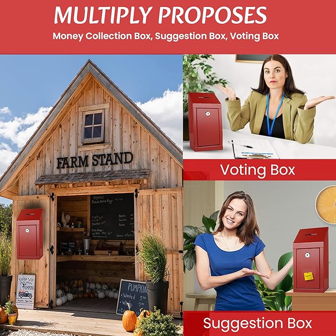 Metal Donation Box-Suggestion Box with Slot and lock-Cash Lock box for Money-Secure Drop Box-Comment and ballot voting box-comes with pre-drilled holes for easy wall mounting 10 X 6 X 2.5"(Red)