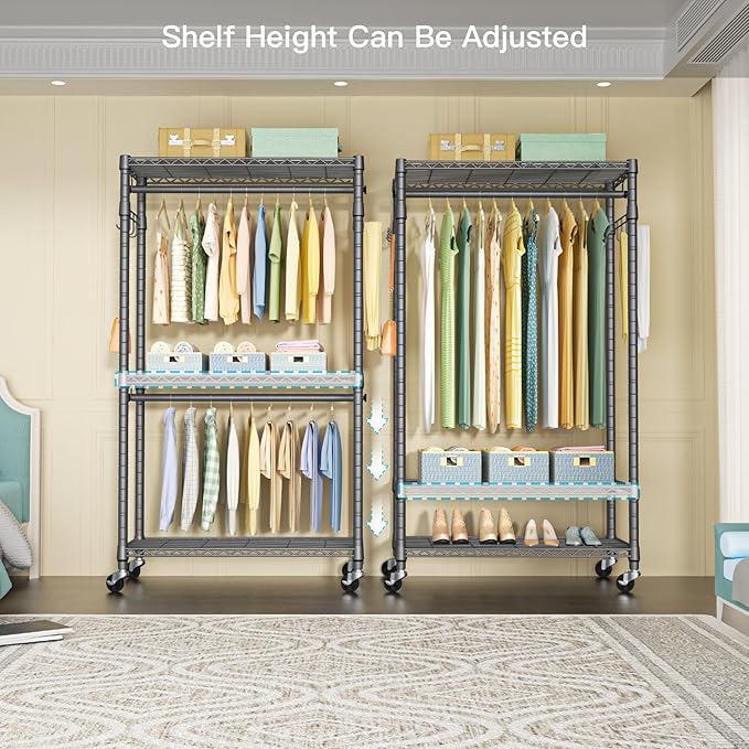 P1 Heavy Duty Garment Rack, 3 Tiers Adjustable Rolling Metal Closet Organizer with Lockable Wheels, FreeStanding Wardrobe with Double Hanger Rods & 1 Pair Hooks, Max Load 450 LBS, Gray