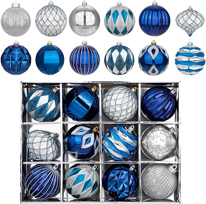 Hollyone 4 Inch Blue & Silver Christmas Ornaments - 12 Pcs Shatterproof Tree Balls for Xmas Tree Decor & Holiday Party Wreath Home Decor