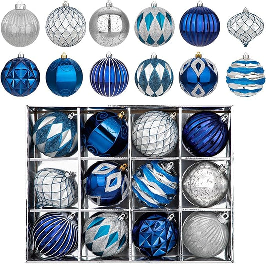 Hollyone 4 Inch Blue & Silver Christmas Ornaments - 12 Pcs Shatterproof Tree Balls for Xmas Tree Decor & Holiday Party Wreath Home Decor
