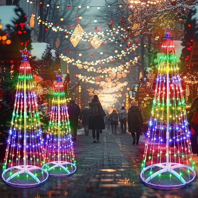 3 Pack 4/5/6FT Christmas LED Cone Tree Lights 24 Modes Color Changing with Timer Foldable Lighted Trees Waterproof Outdoor String Lights Holiday for Christmas New Year Xmas Decorations