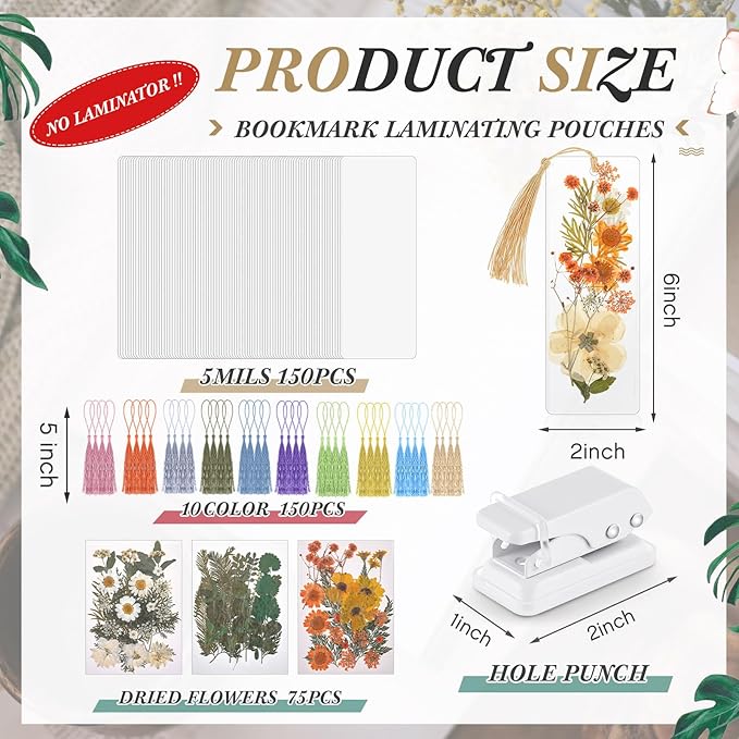 150 Pcs DIY Pressed Dried Flower Bookmark Making Kit, DIY Bookmark Bulk Thanksgiving Teacher Gifts for Reading Women Book Lovers(2 x 6 Inch,Light Colors)