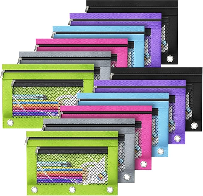 DoDoMagxanadu Binder Pencil Pouches, Pencil Pouch for 3 Ring Binder, Double Pocket Clear Window Pencil Case for Binder, Zippered Pencil Pouches with Rivet Enforced 3 Ring, 6 Pack