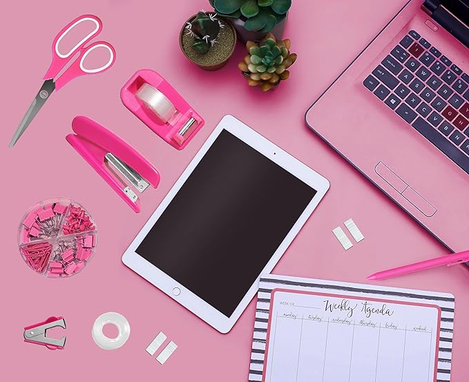 Hot Pink Office Desk Accessories Supplies, 12pcs Desk Organizers and Accessories with Tape dispenser,Stapler,Staples,Staple Remover,Pen Holder,Scissor,Ruler,Sticky Tabs,Tape,Ballpoint Pen,Clips Set