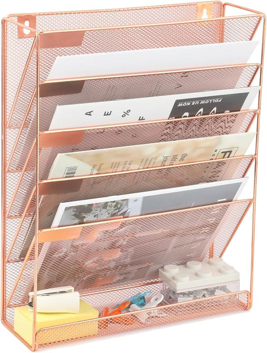 EASEPRES Desk File Organizer Mesh 6-Tier, Hanging Wall Mount Document Organization Stand, Desktop Vertical Mail Paper Folder Holder Rack with Bottom Tray for Office Home Cubicle Countertop, Rose Gold