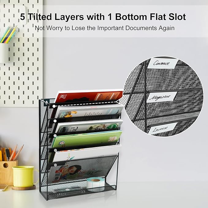 EasyPAG Wall File Holder 5 Tier Vertical Hanging File Organizer Wall Mount Paper Folder Rack with Bottom Flat Tray for Office and Home,Black