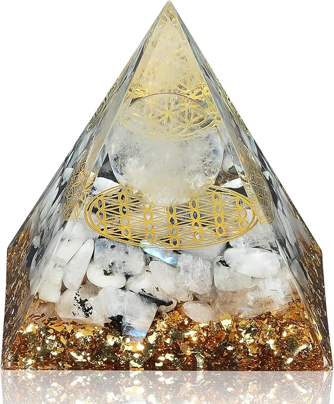 Hopeseed Orgone Pyramid for Positive Energy, Orgonite Rainbow Moonstone&White Crystal Healing Crystal Pyramids for Reduce Stress Chakra Reiki Healing Meditation Attracts Lucky and Success